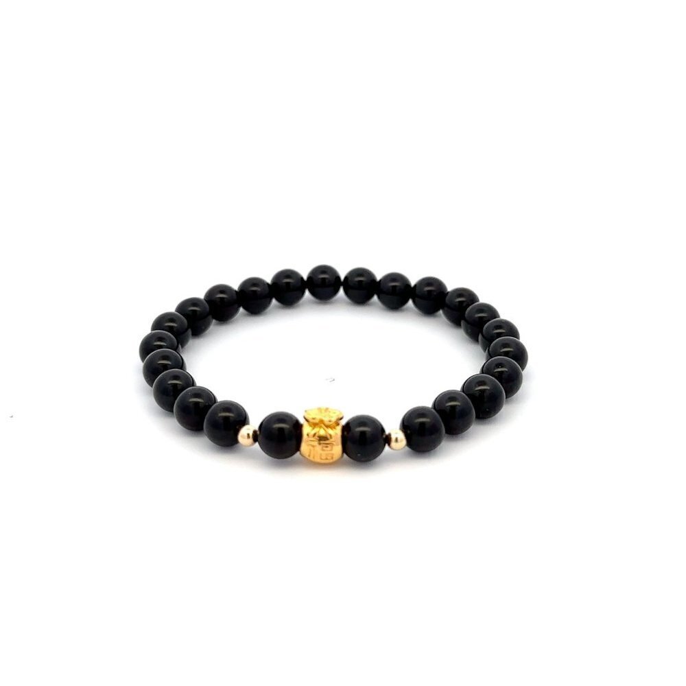 18K Gold Money Bag Lucky Charm Beads Bracelet Gemstones Natural Black Tourmaline